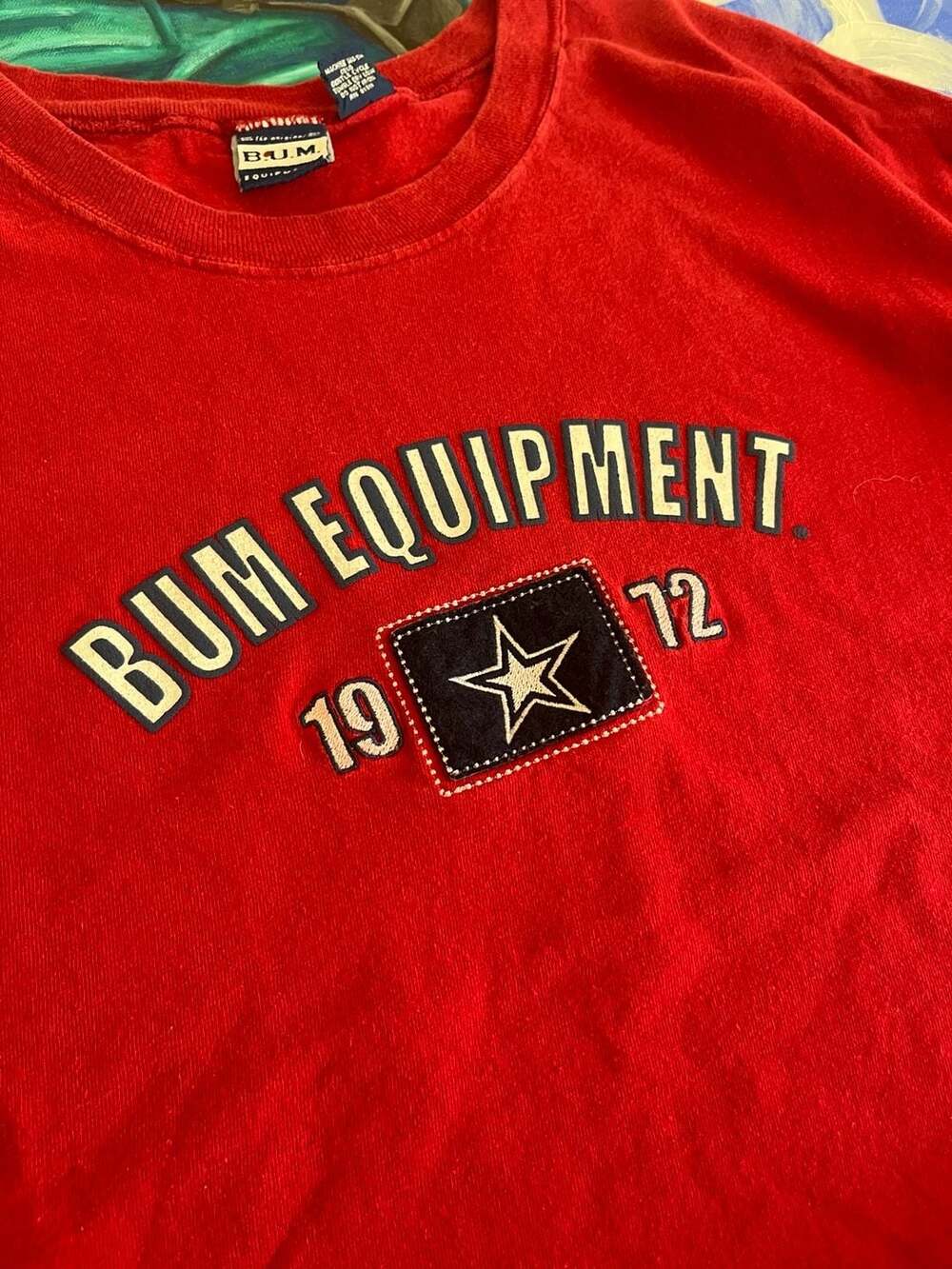 Vintage B.U.M. Equipment Red Short Sleeve T-Shirt with Embroidered Star Patch